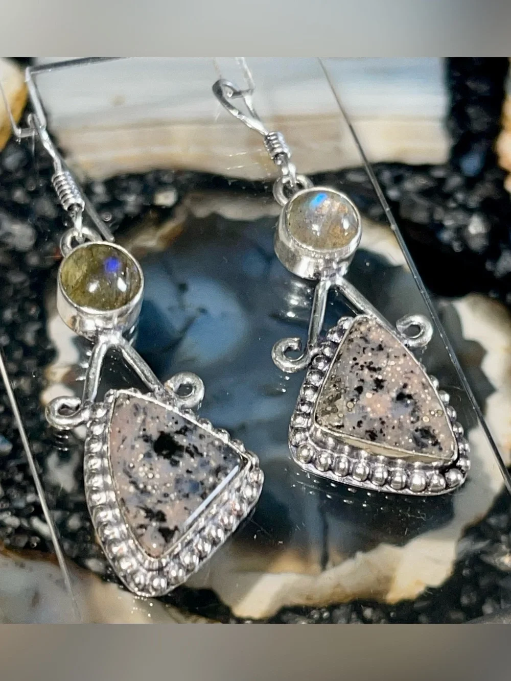 Honey Dendritic Agate & Labradorite Earrings 2 1/4”